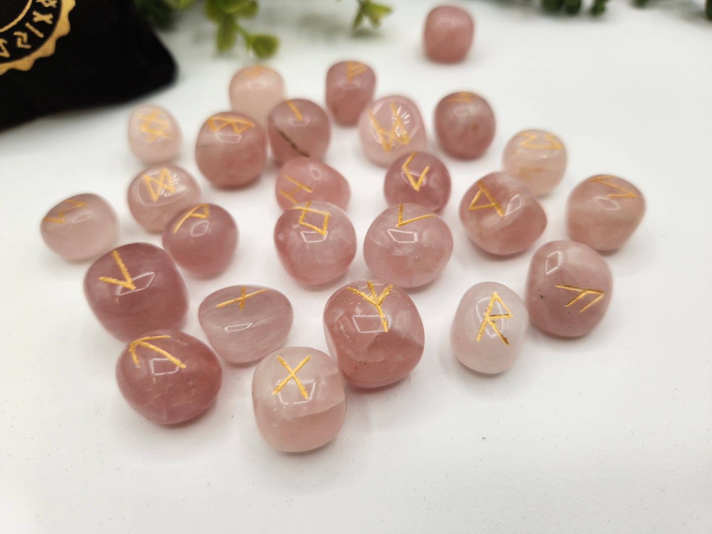 Rose Quartz  Rune Sets  & Velvet Pouch and Grid: Rune Sets with Velvet Pouch