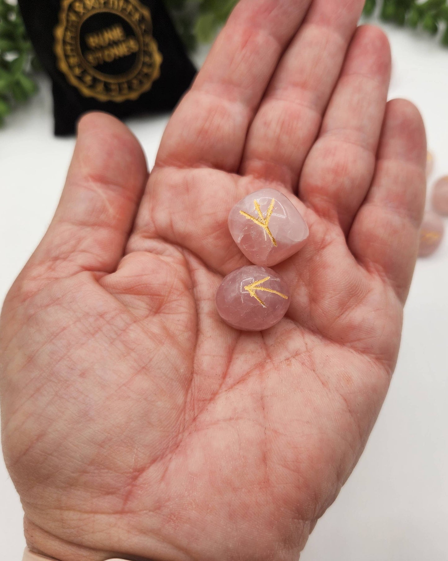 Rose Quartz  Rune Sets  & Velvet Pouch and Grid: Rune Sets with Velvet Pouch