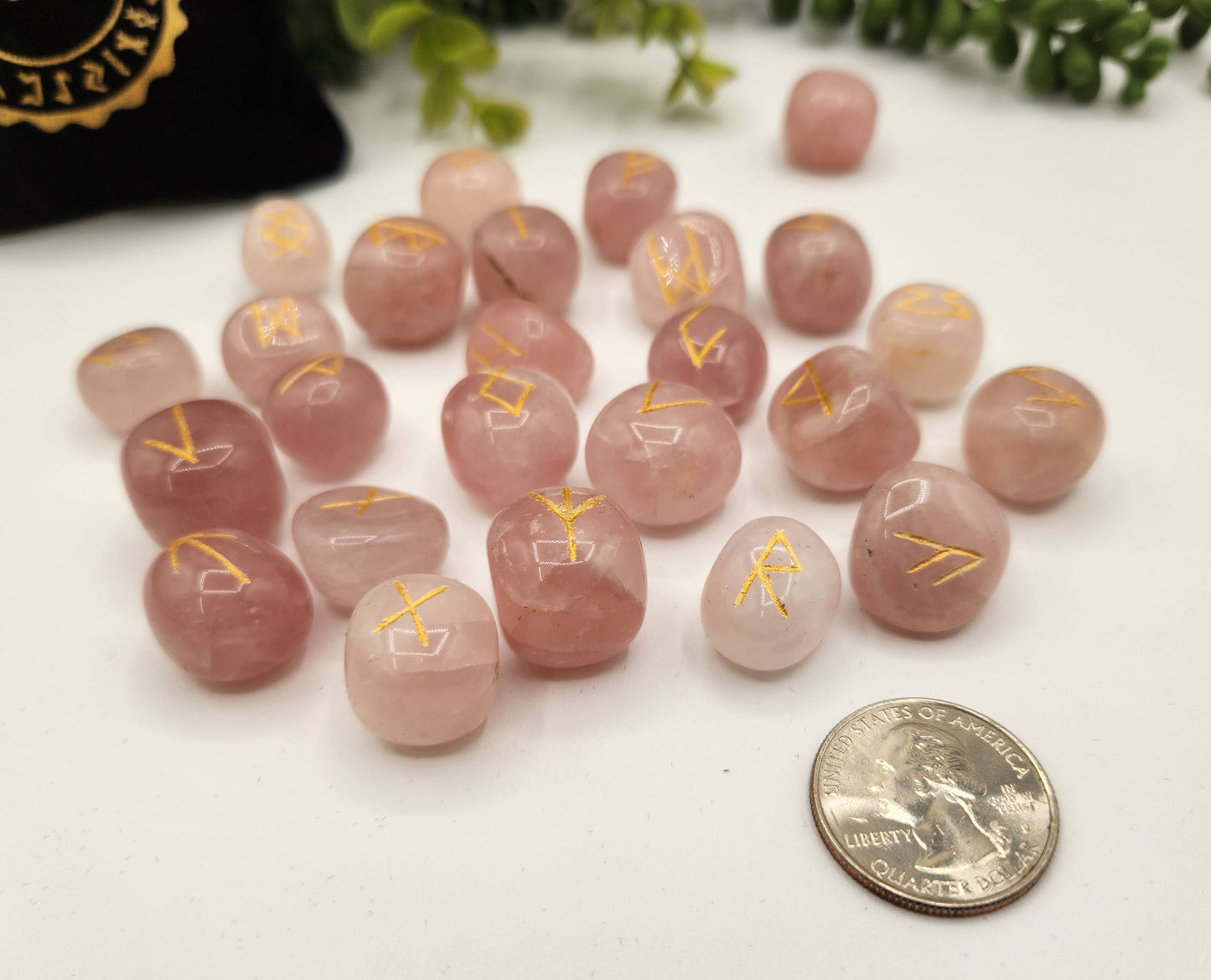 Rose Quartz  Rune Sets  & Velvet Pouch and Grid: Rune Sets with Velvet Pouch