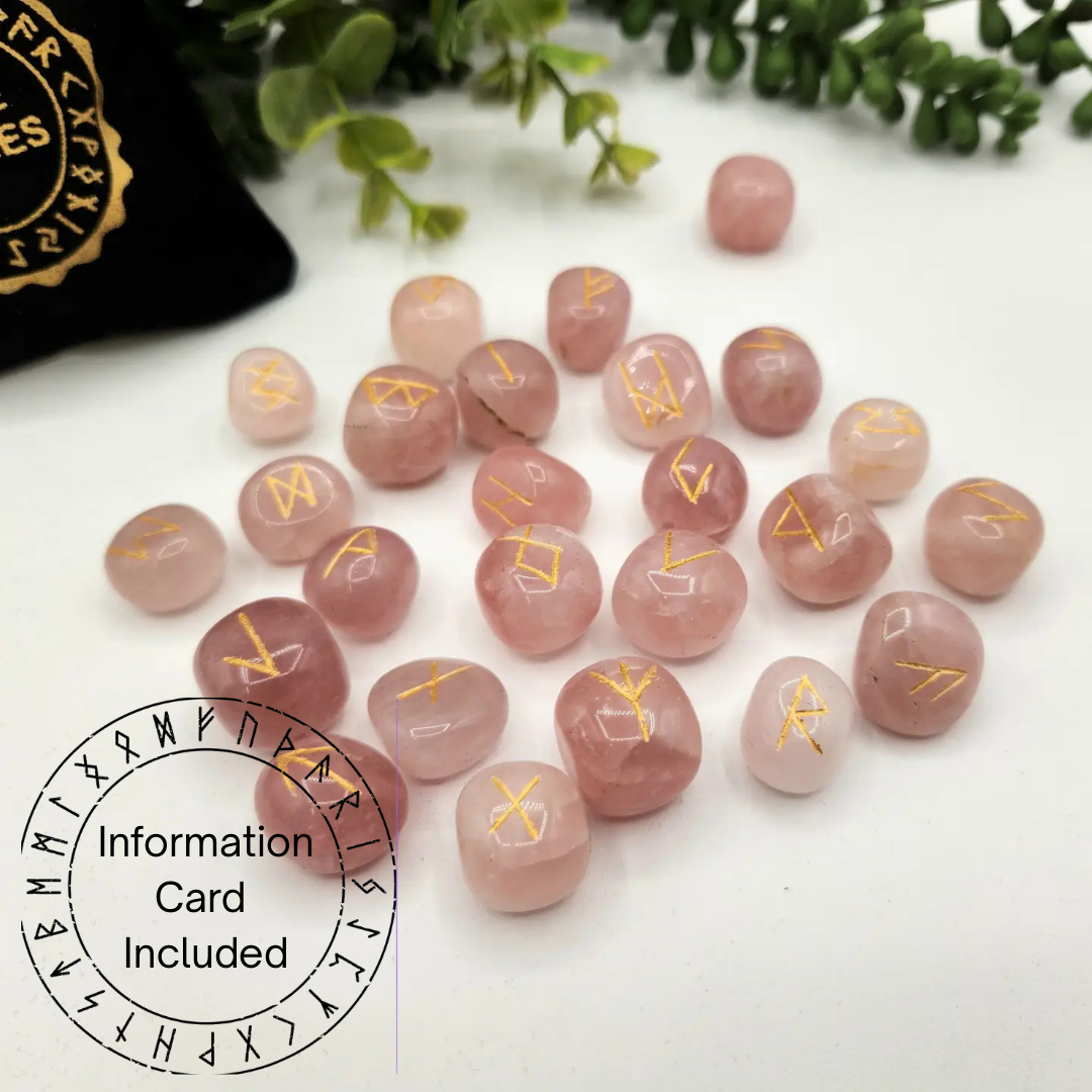 Rose Quartz  Rune Sets  & Velvet Pouch and Grid: Rune Sets with Velvet Pouch
