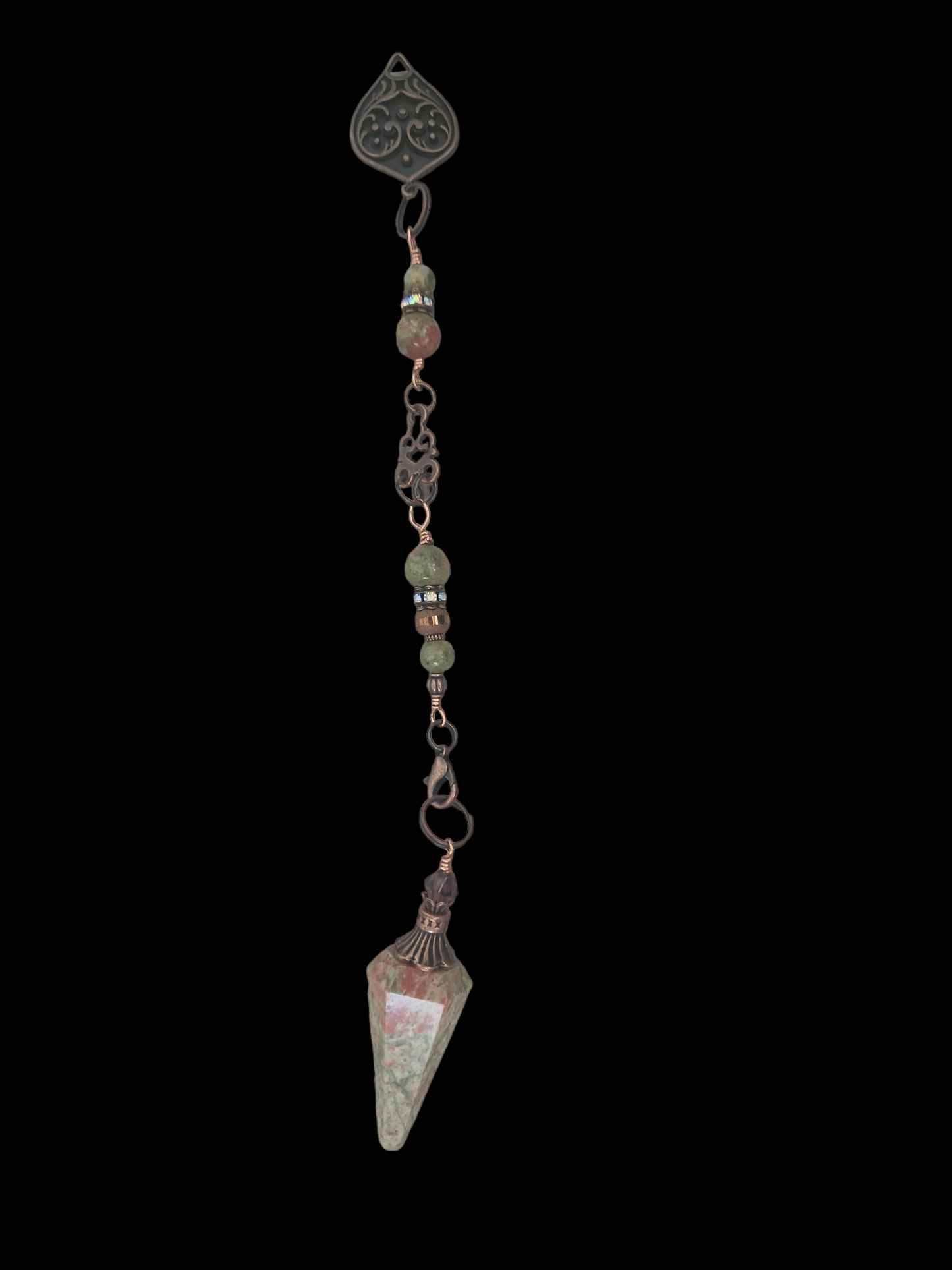 Unakite and AB Rhinestone In Antique Copper - Wearable Pendulum