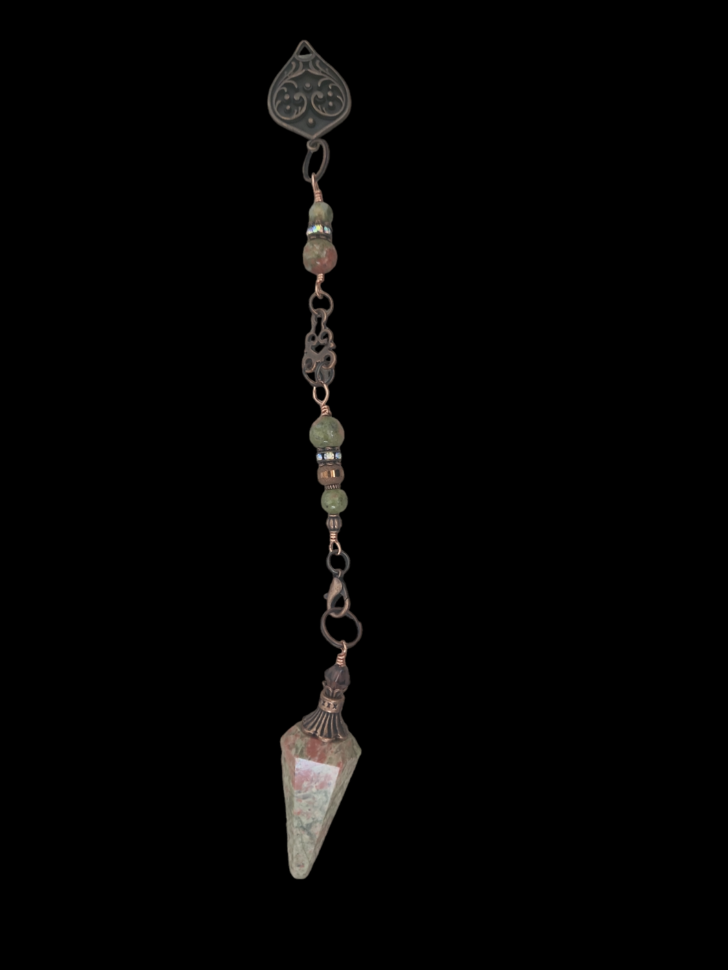 Unakite and AB Rhinestone In Antique Copper - Wearable Pendulum