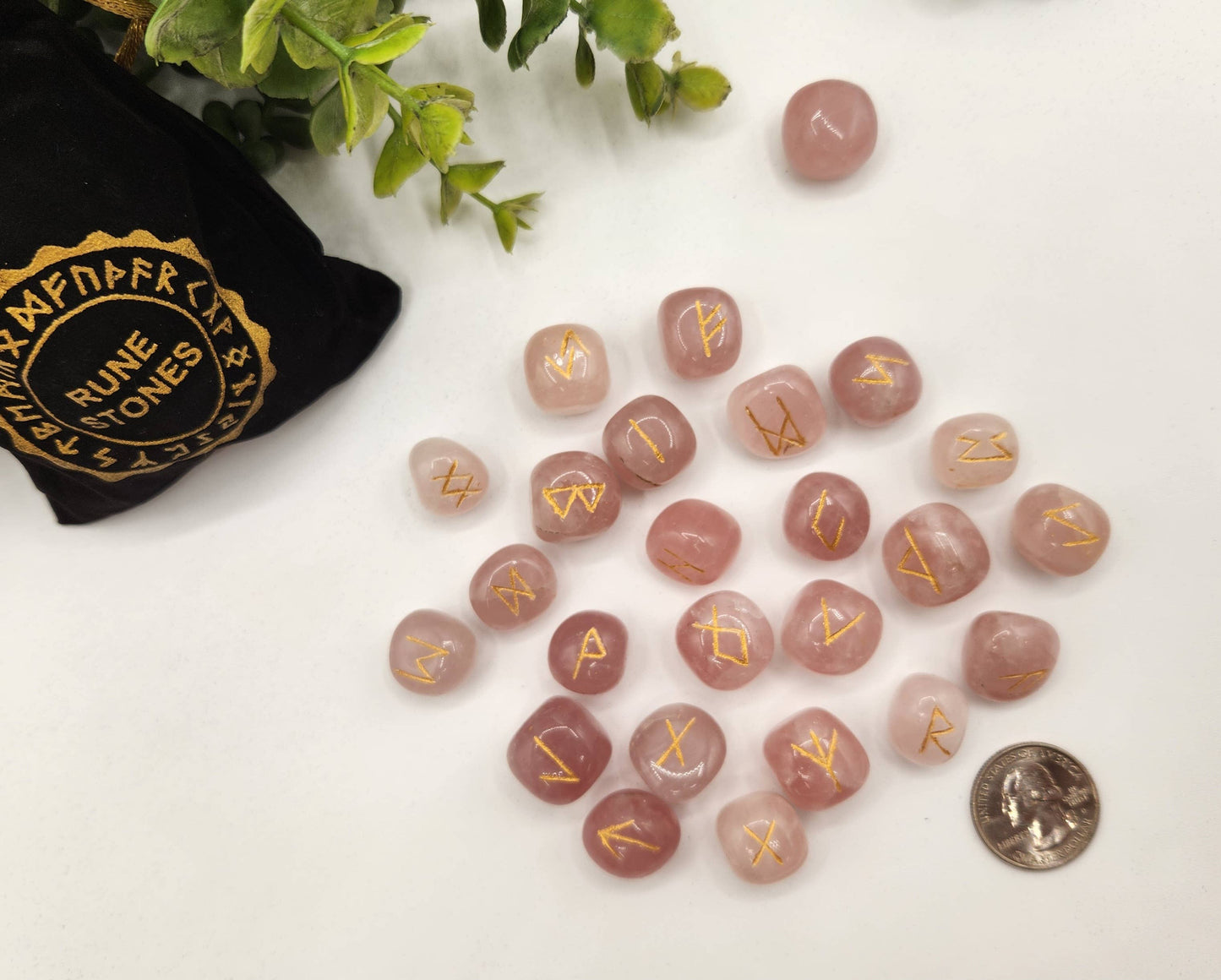 Rose Quartz  Rune Sets  & Velvet Pouch and Grid: Rune Sets with Velvet Pouch