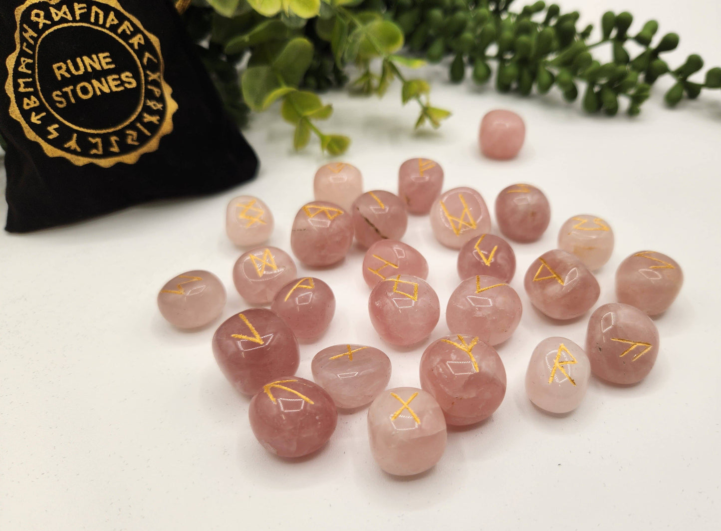 Rose Quartz  Rune Sets  & Velvet Pouch and Grid: Rune Sets with Velvet Pouch