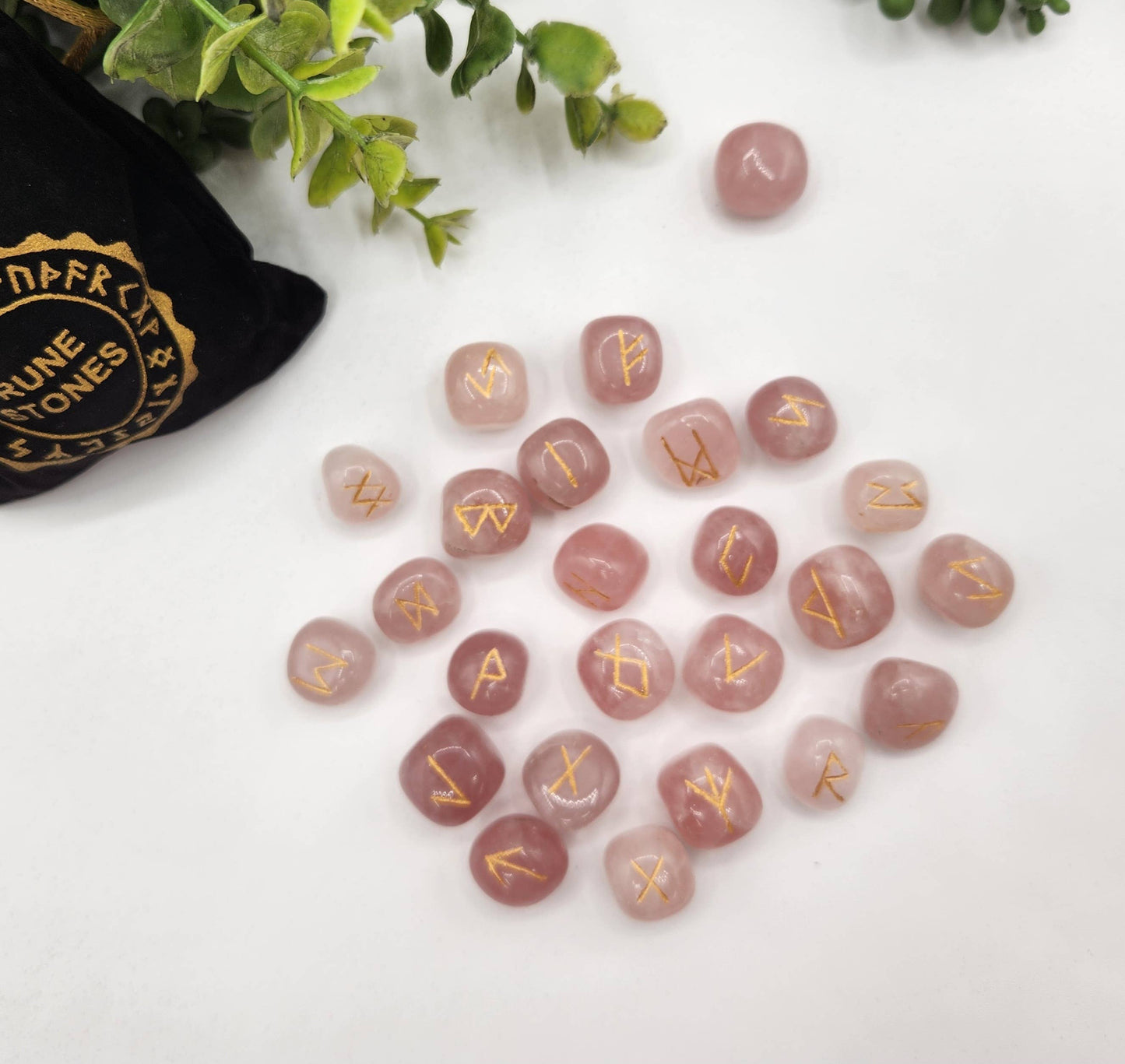 Rose Quartz  Rune Sets  & Velvet Pouch and Grid: Rune Sets with Velvet Pouch